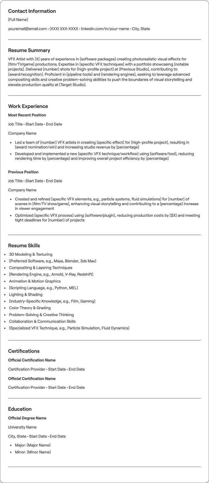 VFX Artist resume example