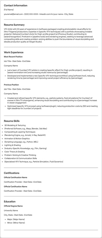 VFX Artist resume example