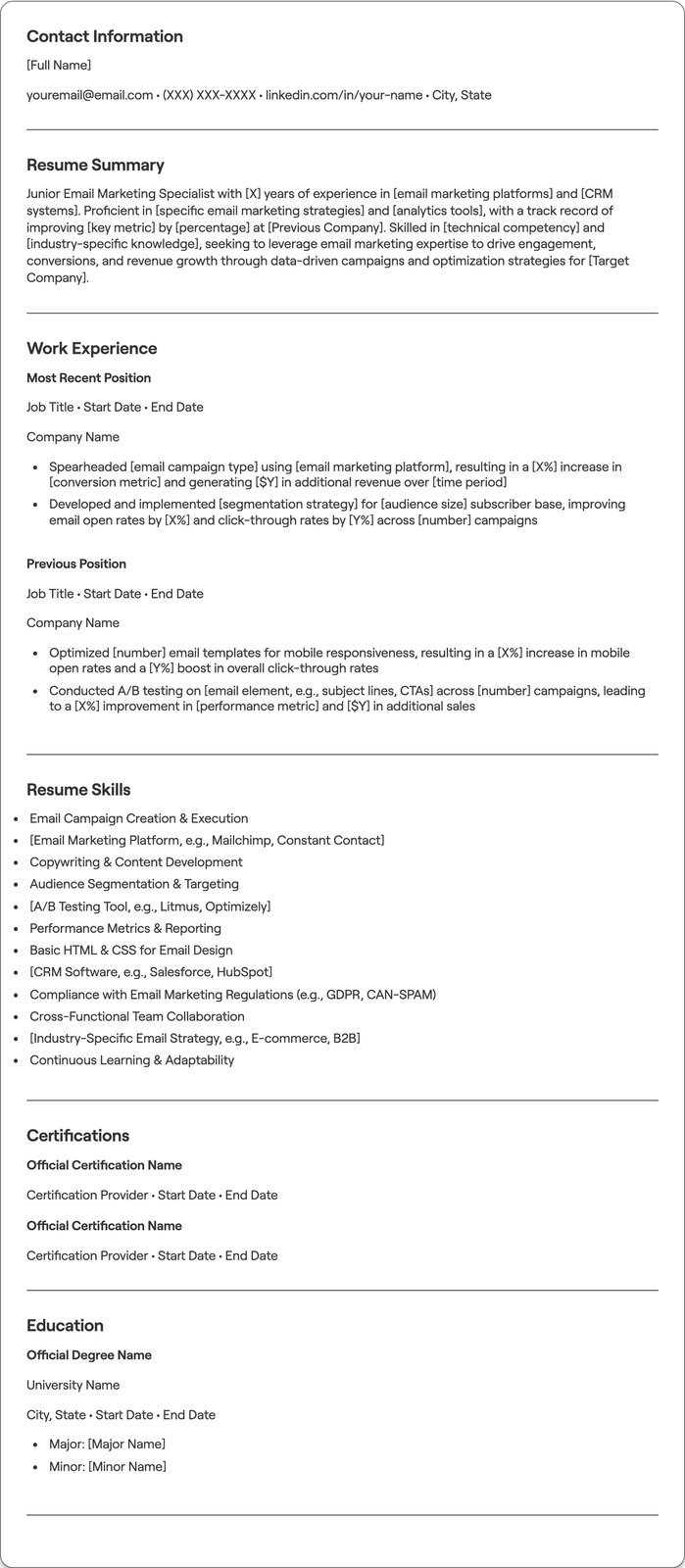 Junior Email Marketing Specialist resume example