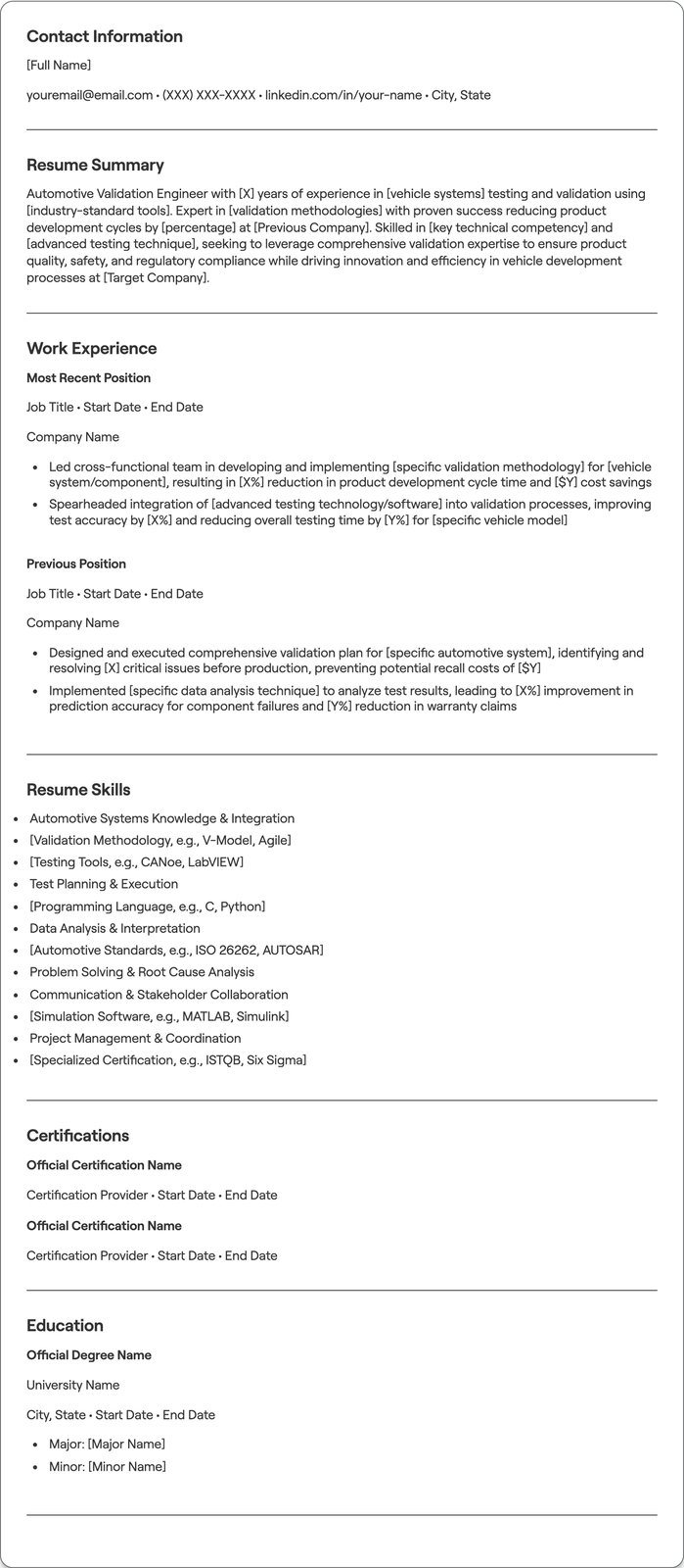 Automotive Validation Engineer resume example