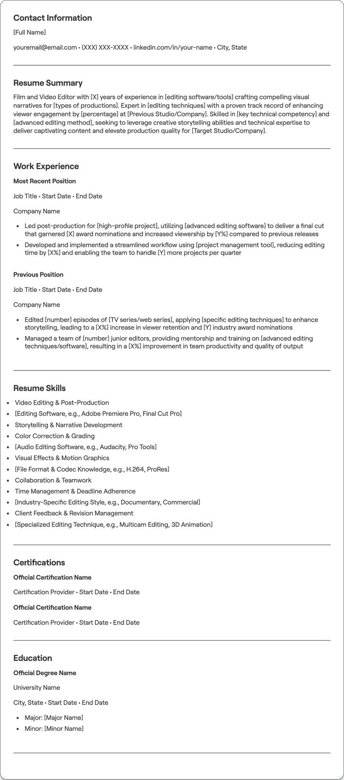 Film and Video Editor resume example