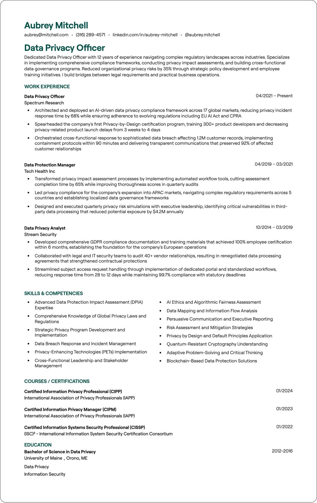 Privacy Officer resume example