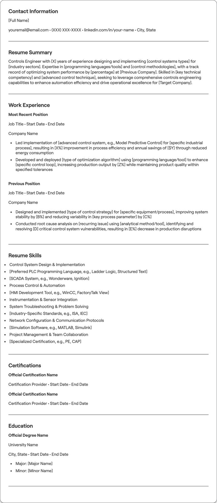 Controls Engineer resume example