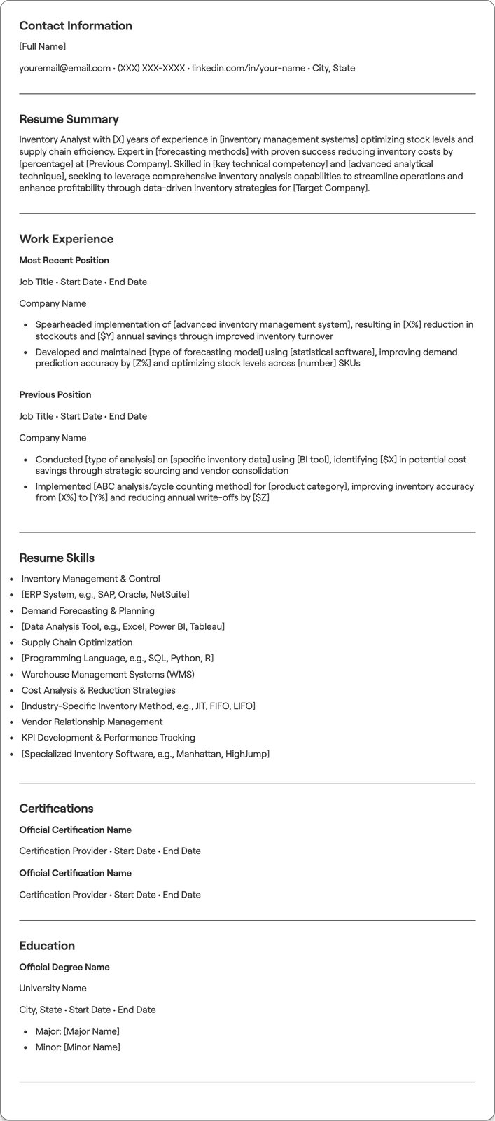 Inventory Analyst resume example