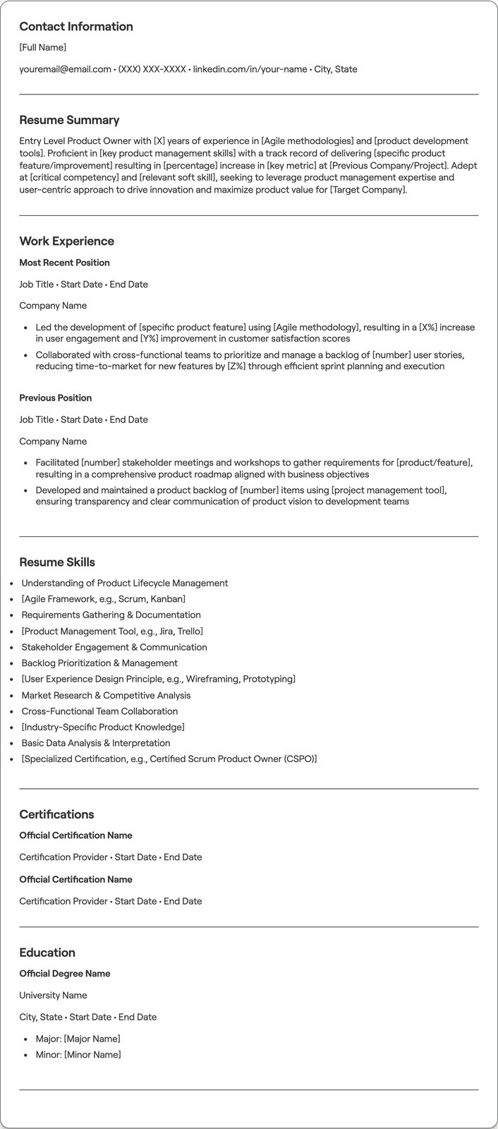 Entry Level Product Owner resume example