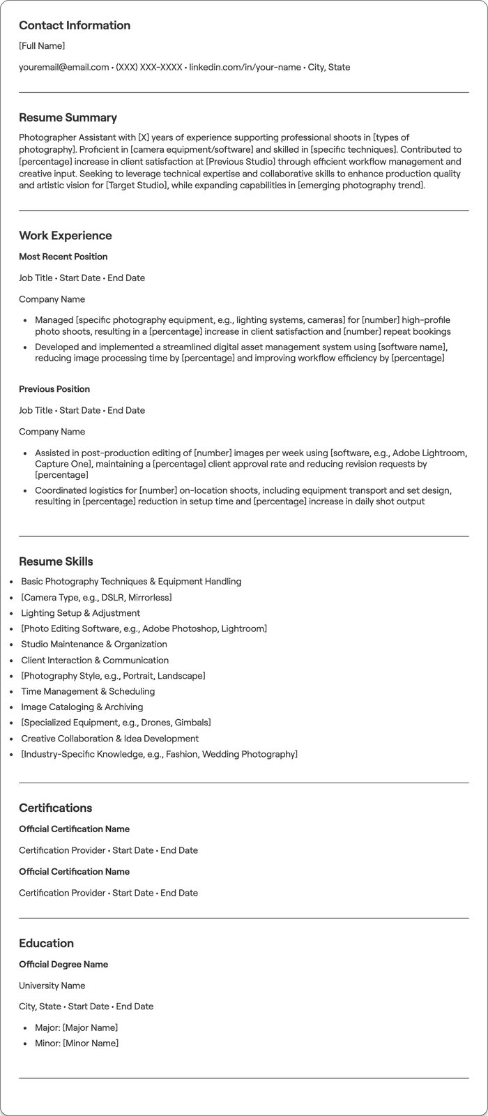 Photographer Assistant resume example