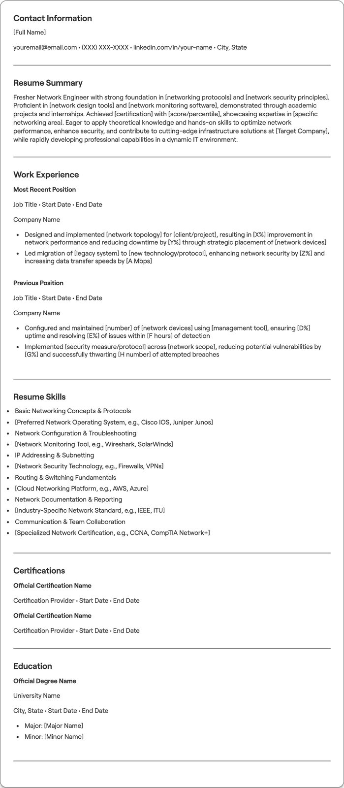 Fresher Network Engineer resume example