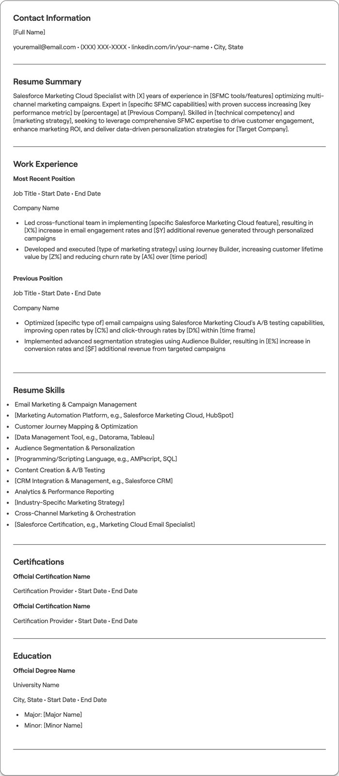 Salesforce Marketing Cloud resume example