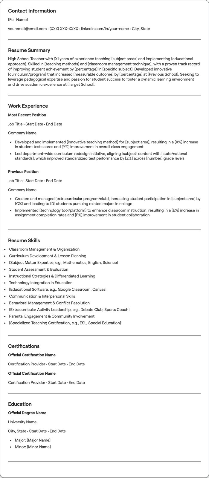 High School Teacher resume example