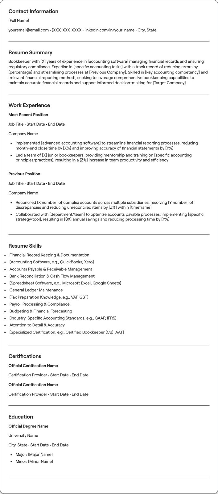 Bookeeper resume example