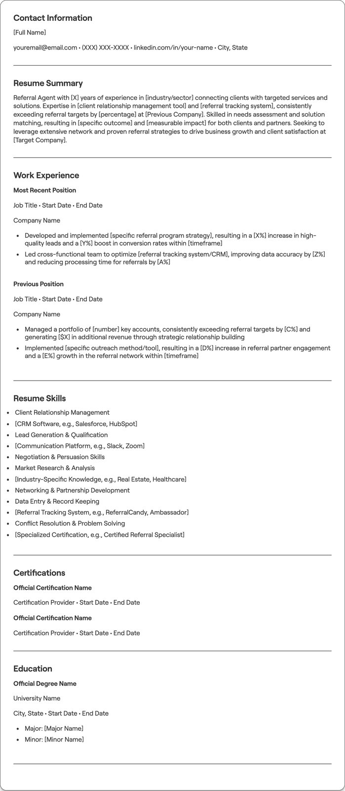 Referral Agent resume example