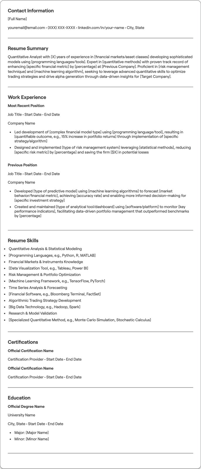 Quantitative Analyst resume example