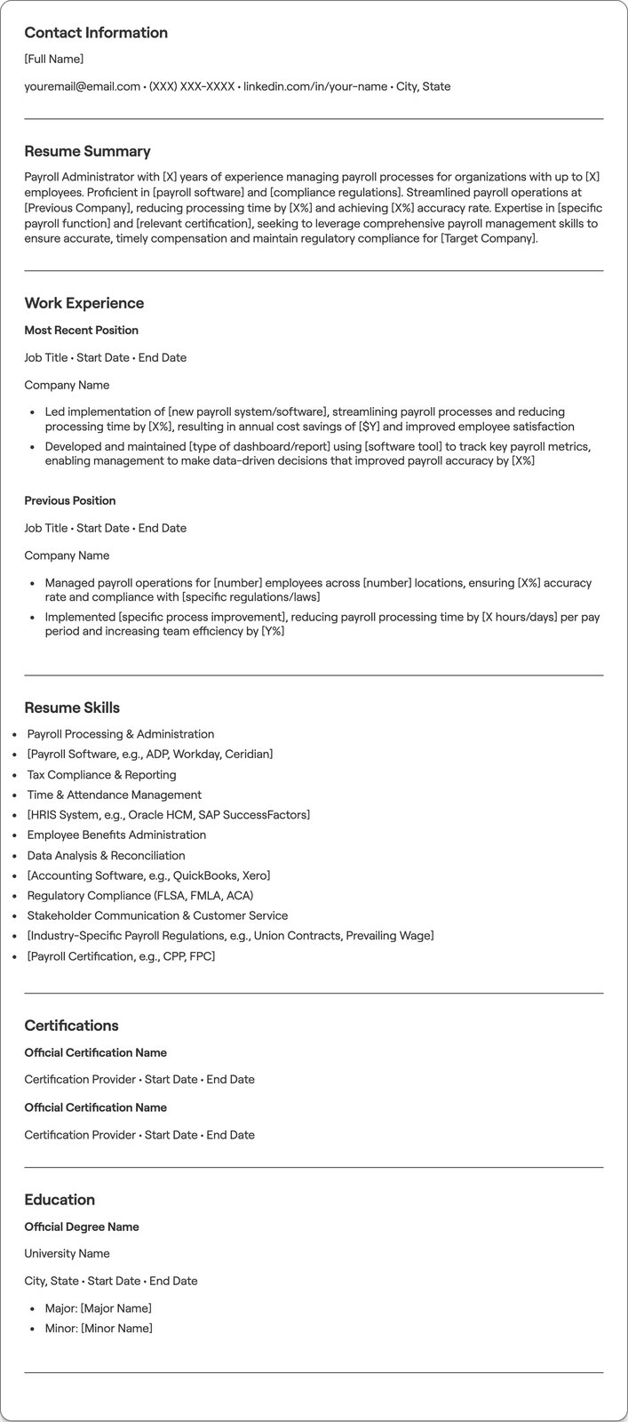 Payroll Administrator resume example
