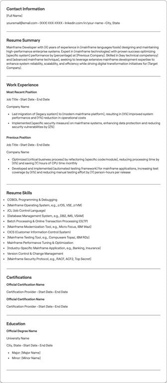 Mainframe Developer resume preview