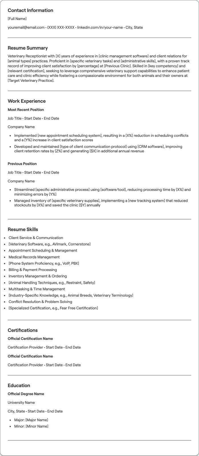 Veterinary Receptionist resume example