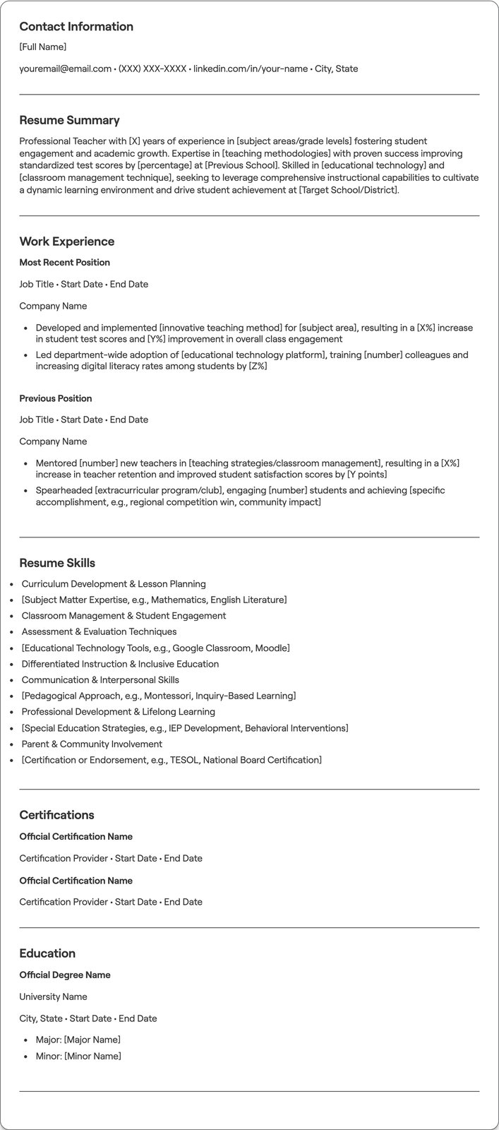 Professional Teacher resume example