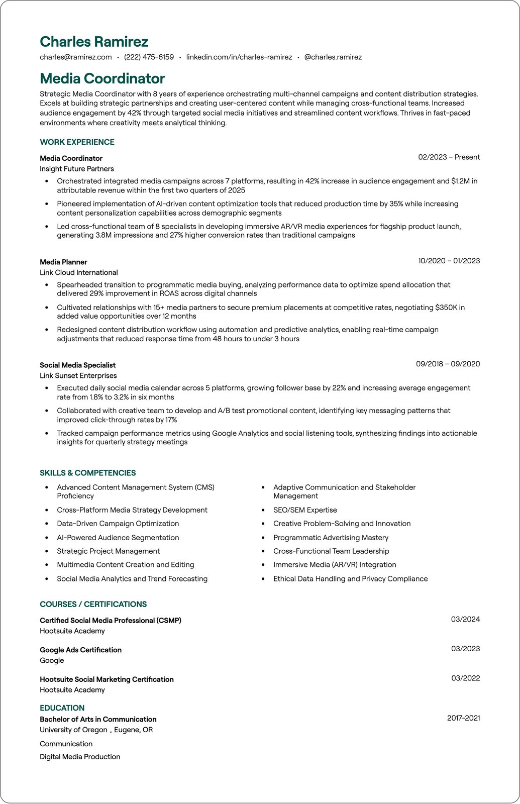 Media Coordinator resume example