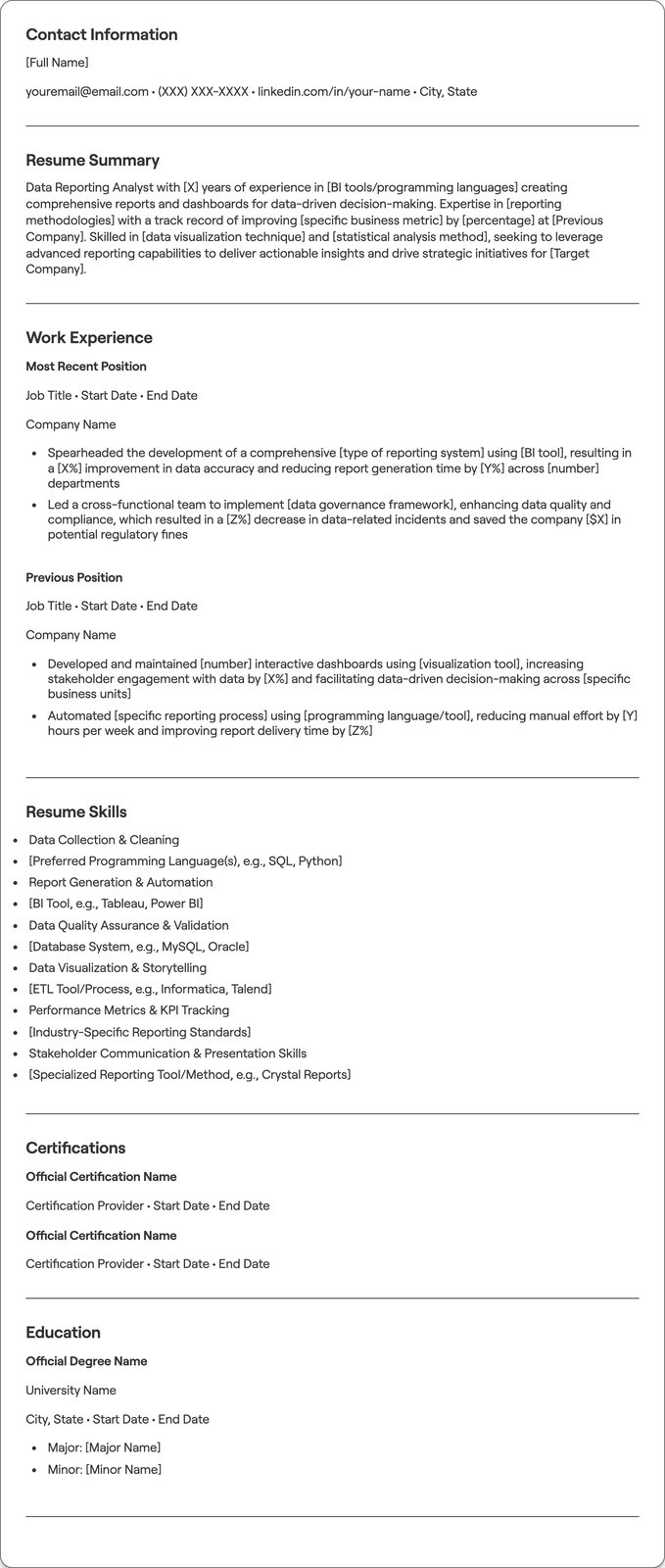 Data Reporting Analyst resume example