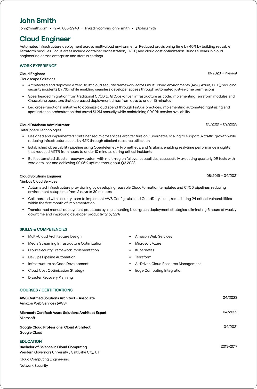 Cloud Infrastructure Engineer resume example