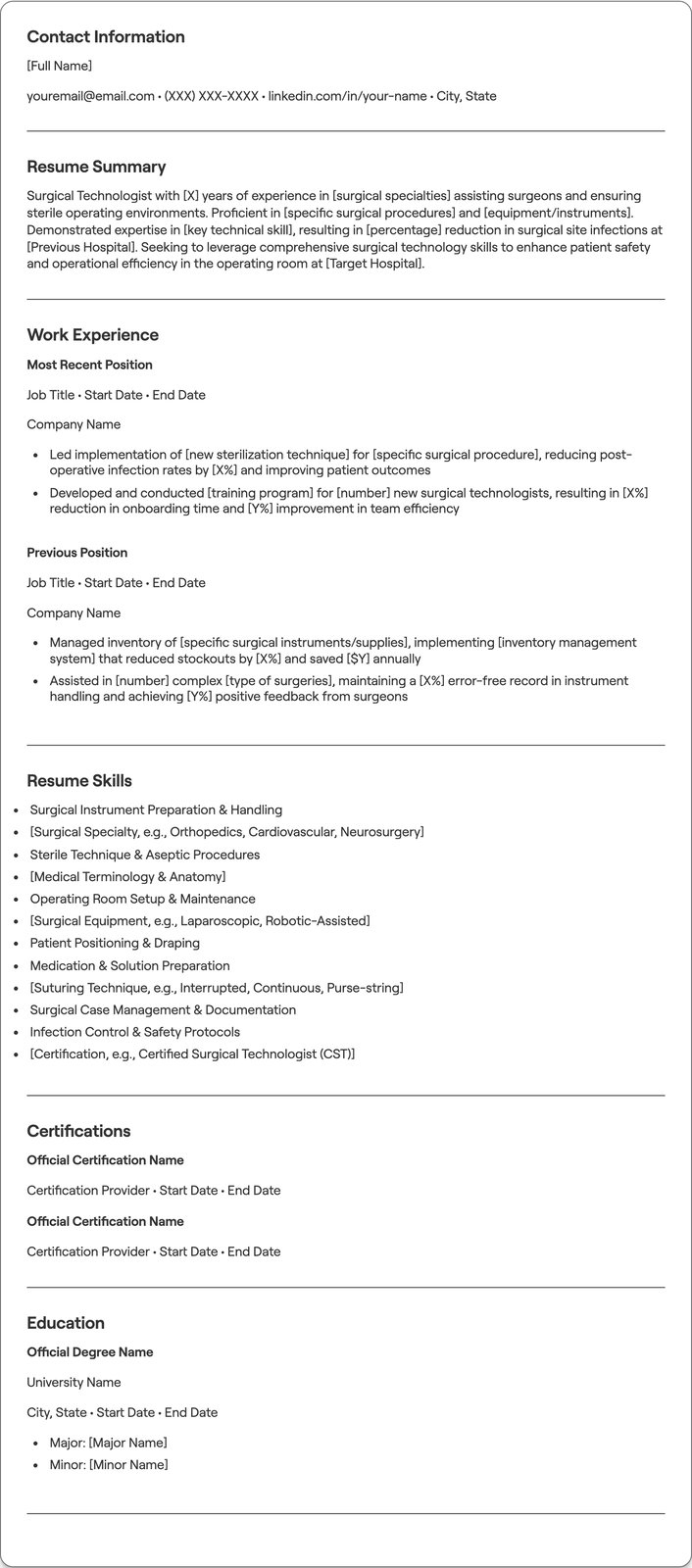 Surgical Technologist resume example