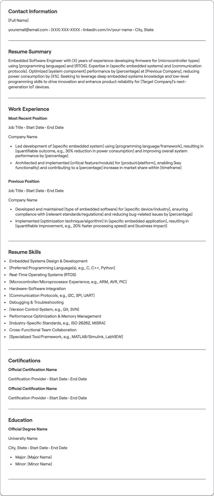 Embedded Software Engineer resume example