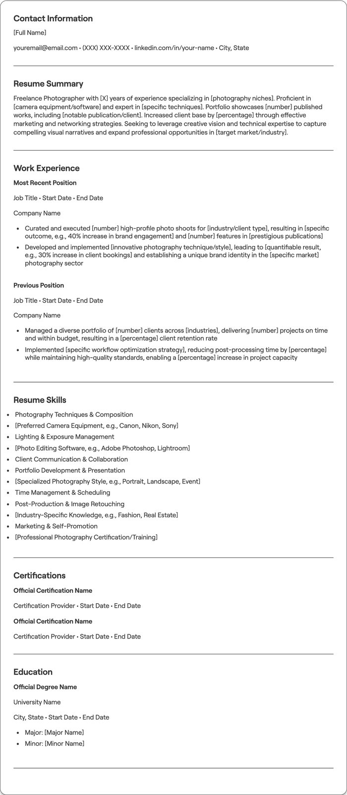 Freelance Photographer resume example
