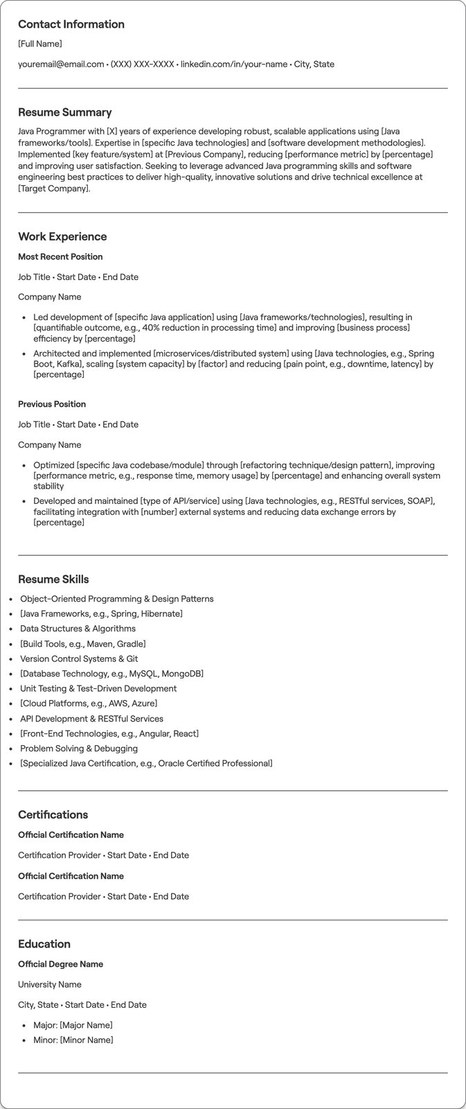 Java Programmer resume example