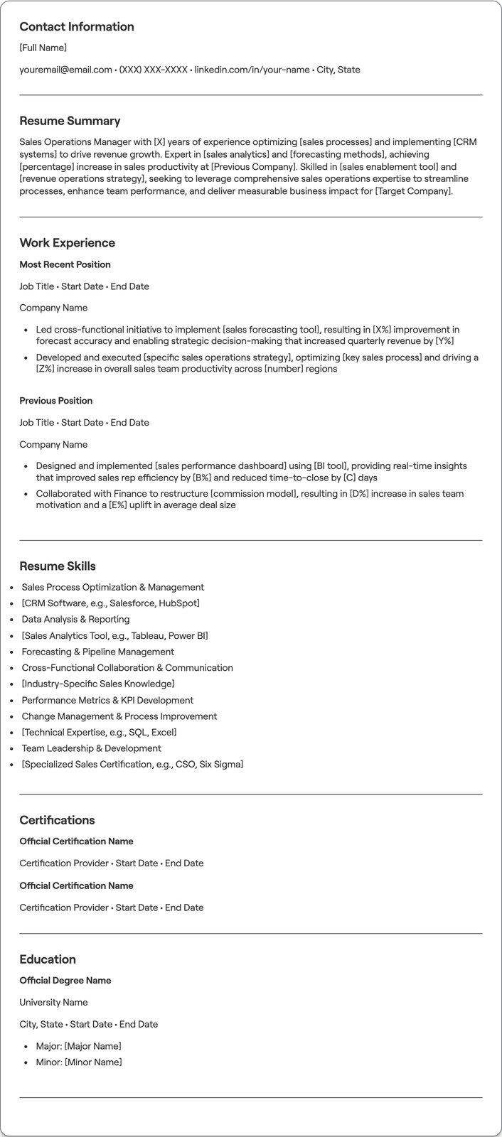 Sales Operations Manager resume example