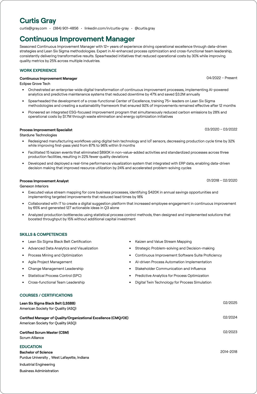 Continuous Improvement Engineer resume example