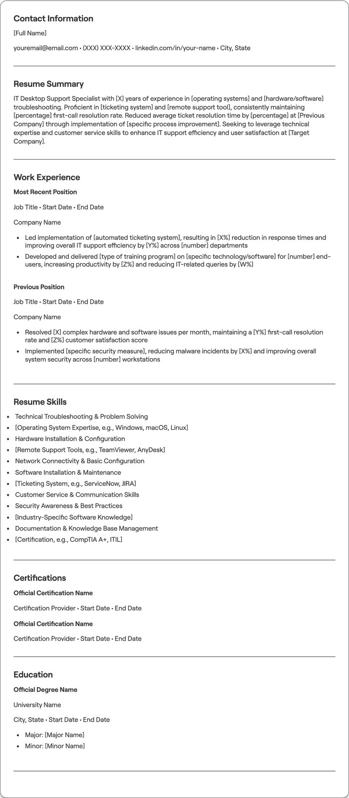 IT Desktop Support resume example