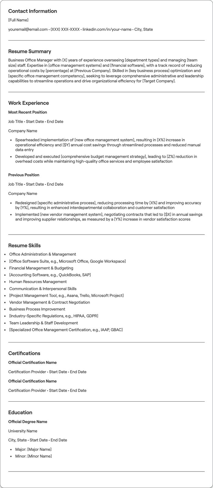 Business Office Manager resume example
