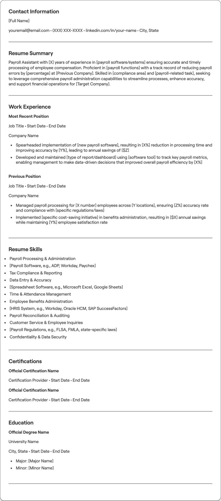Payroll Assistant resume example