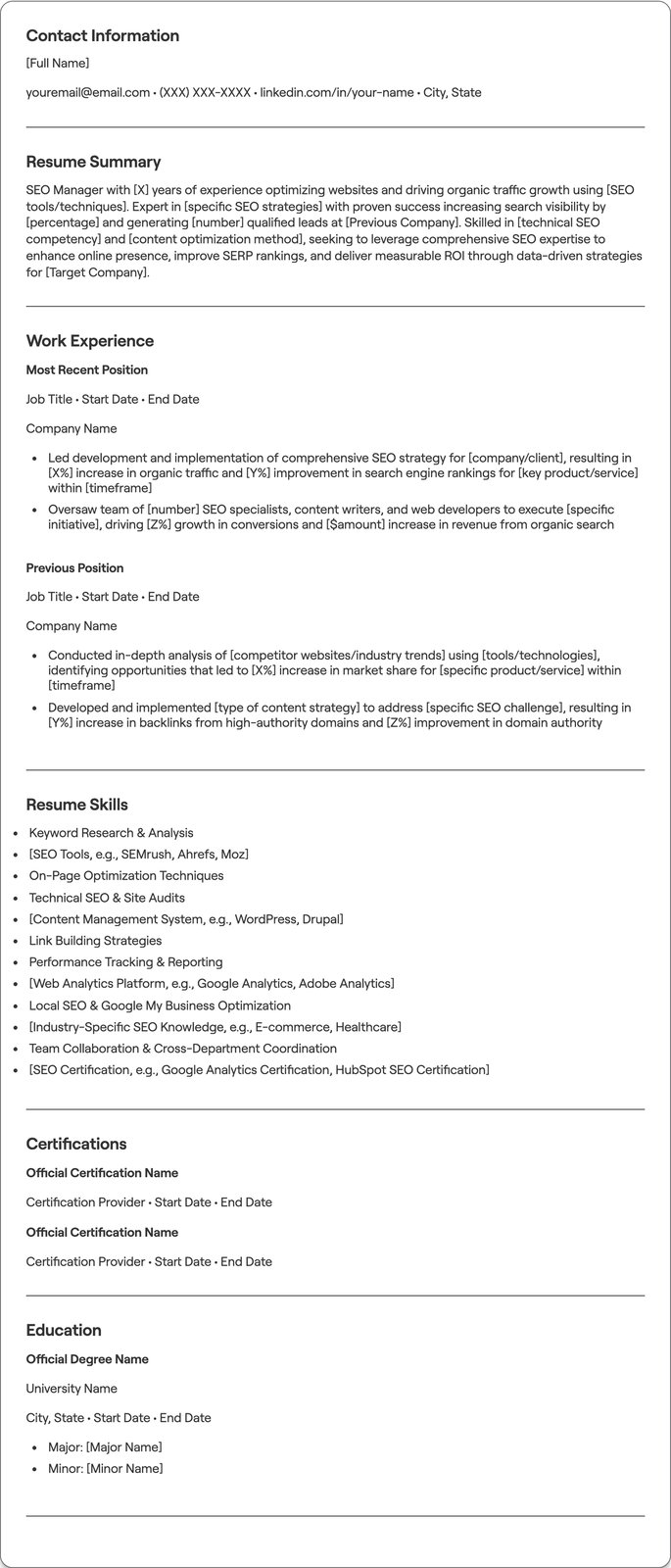 SEO Manager resume example