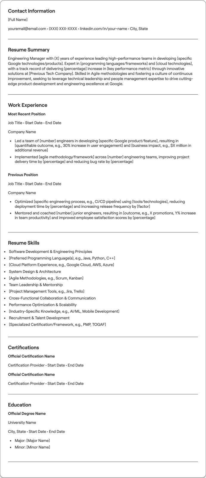 Google Engineering Manager resume example