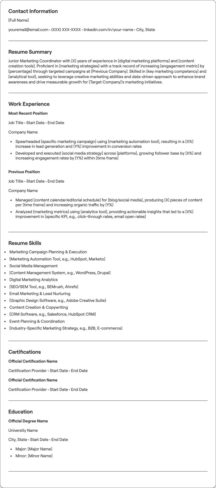 Junior Marketing Coordinator resume example