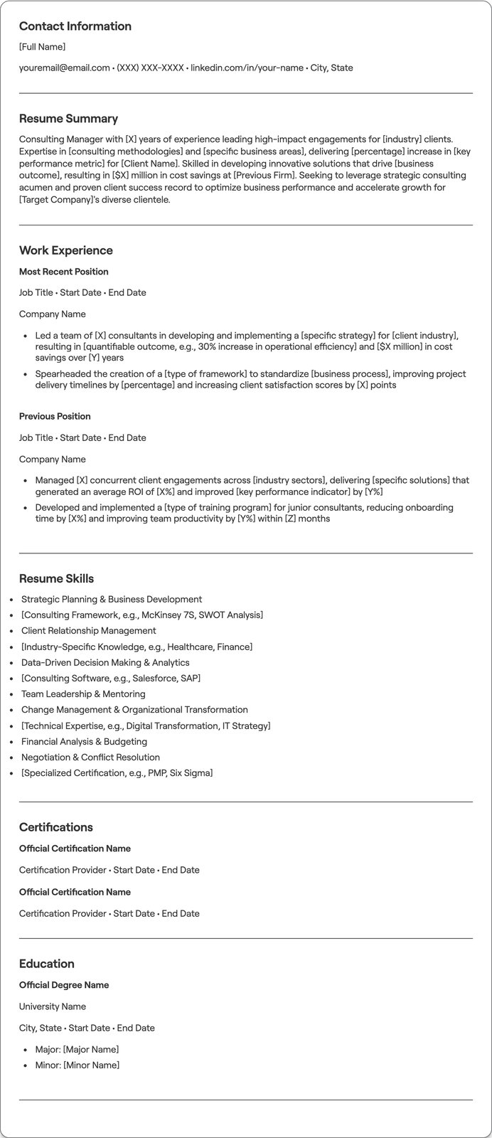 Consulting Manager resume example