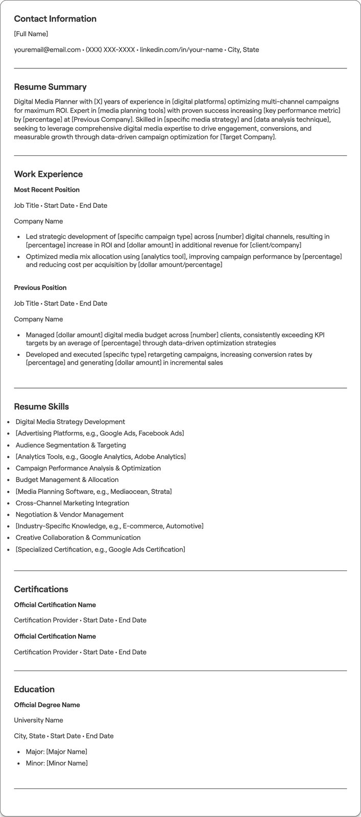 Digital Media Planner resume example