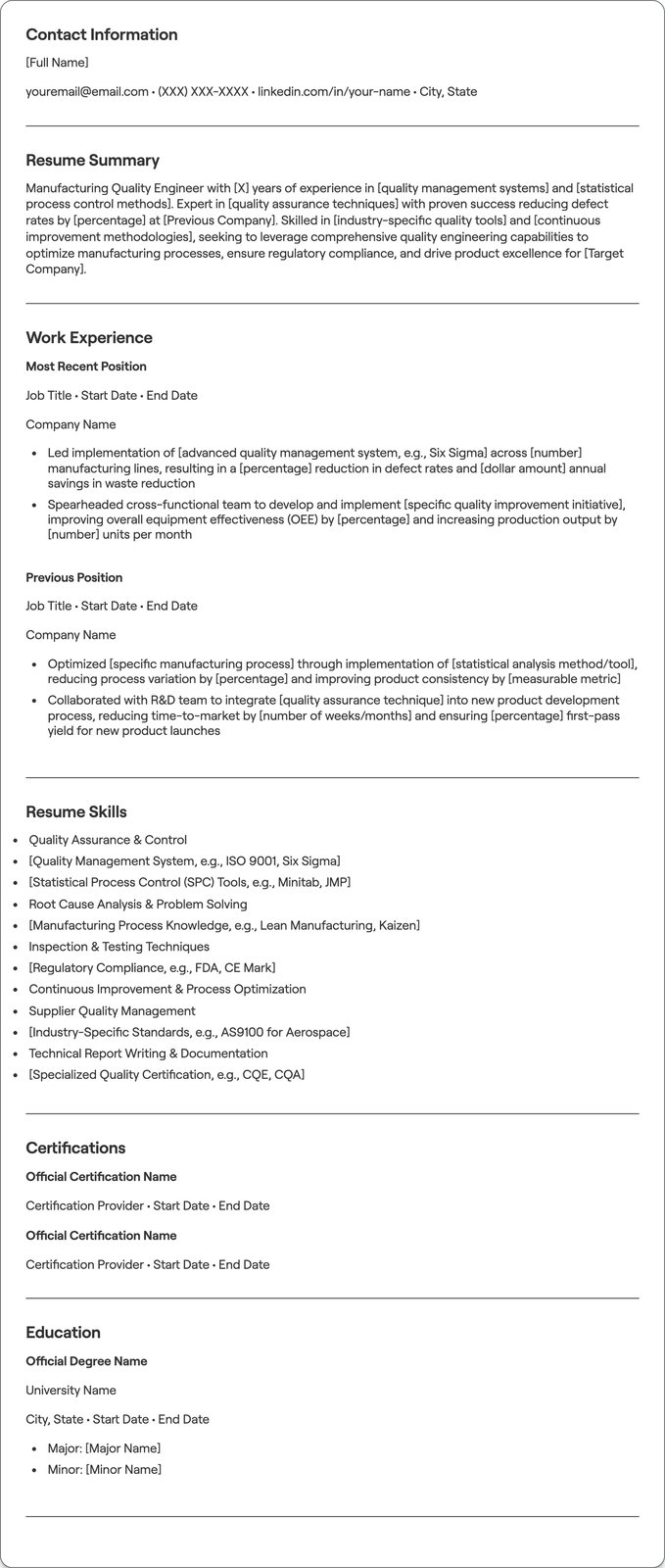 Manufacturing Quality Engineer resume example