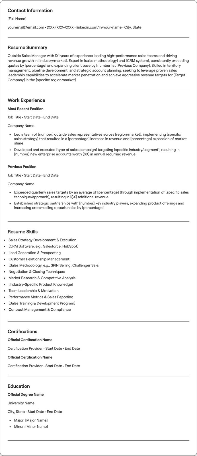 Outside Sales Manager resume example
