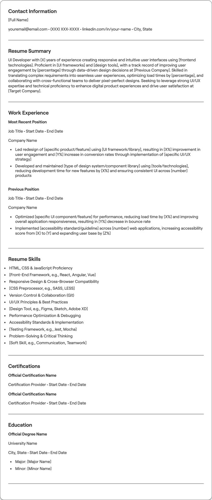 UI Developer resume example