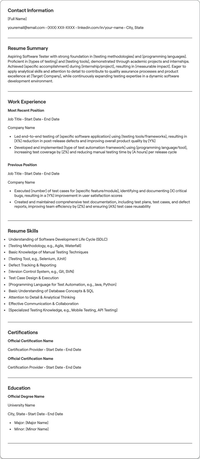 Fresher Software Testing resume example