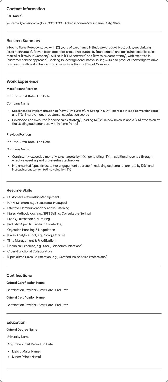 Inbound Sales Representative resume example