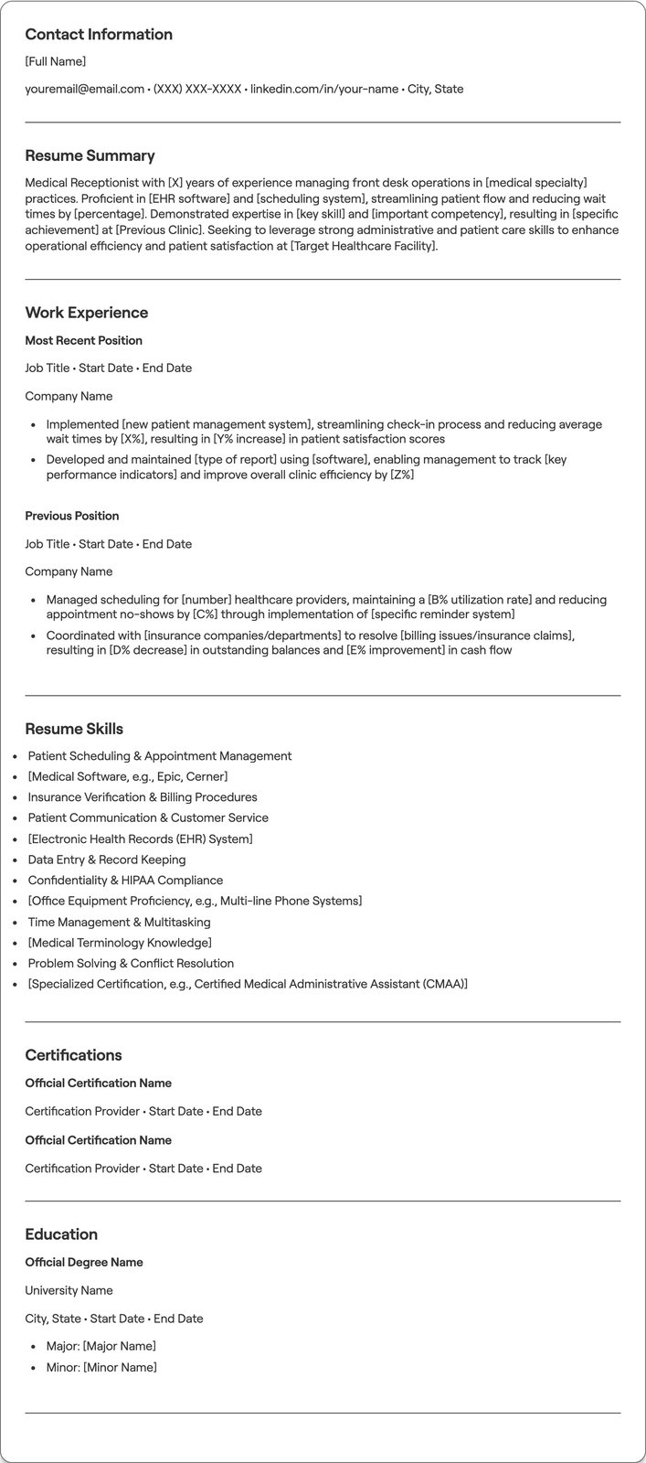 Medical Receptionist resume example