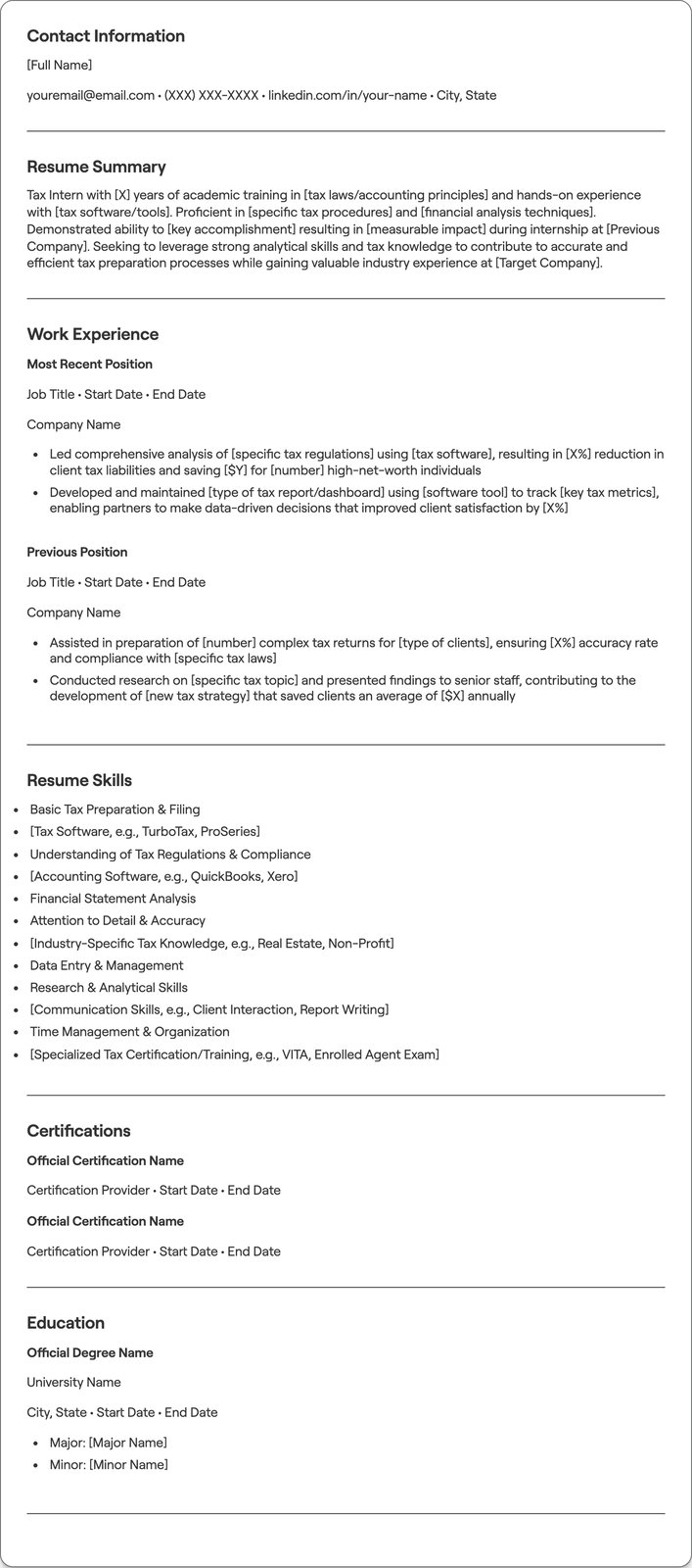 Tax Intern resume example
