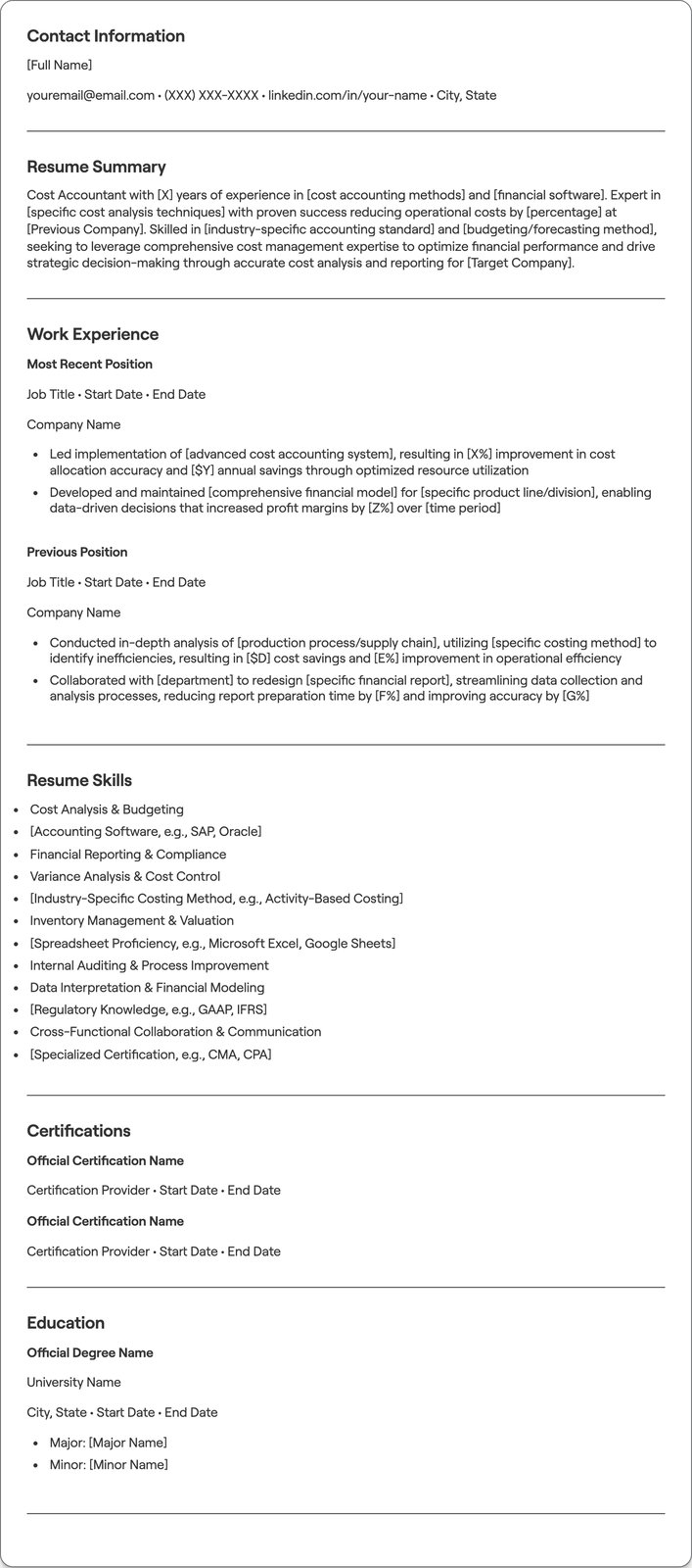 Cost Accountant resume example