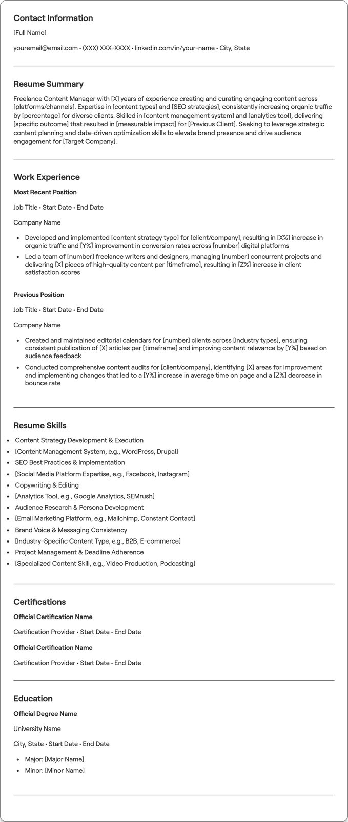 Freelance Content Manager resume example