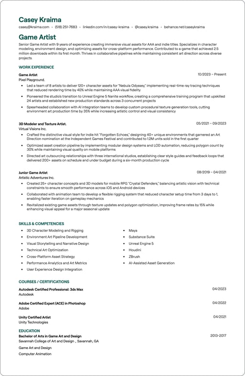 Game Artist resume example