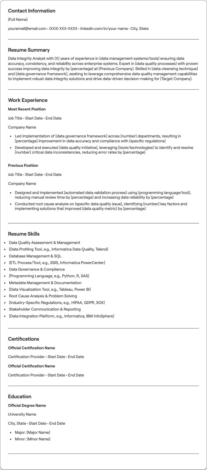 Data Integrity Analyst resume example