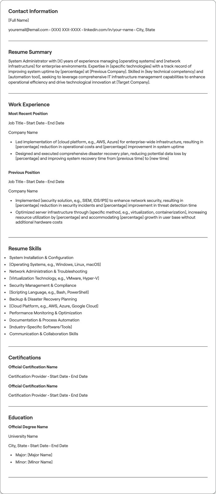 System Administrator resume example
