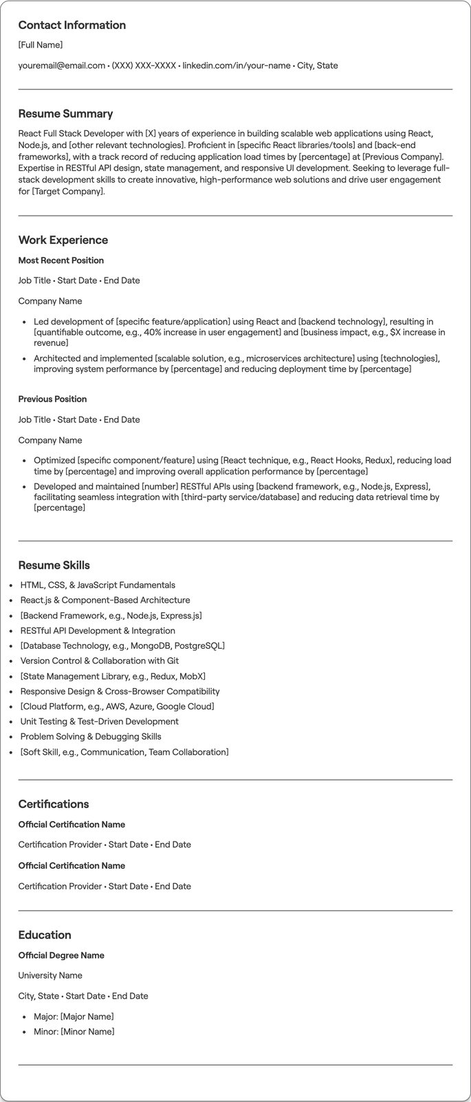 React Full Stack Developer resume example